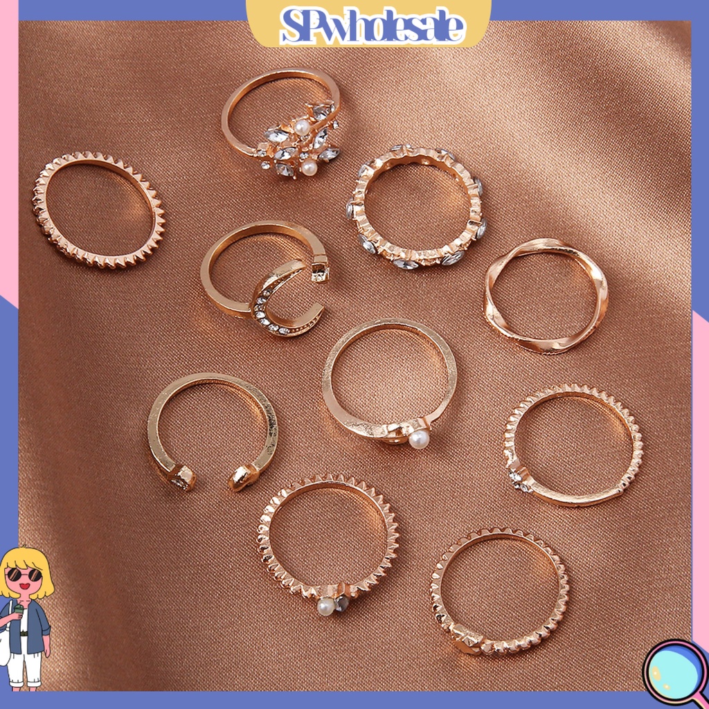 <SPwholesale> Set 10 Nhẫn Thời Trang Hình Học / Lá / Mặt Trăng / Trái Tim Không Phai Màu Trọng Lượng Nhẹ Cho Nữ