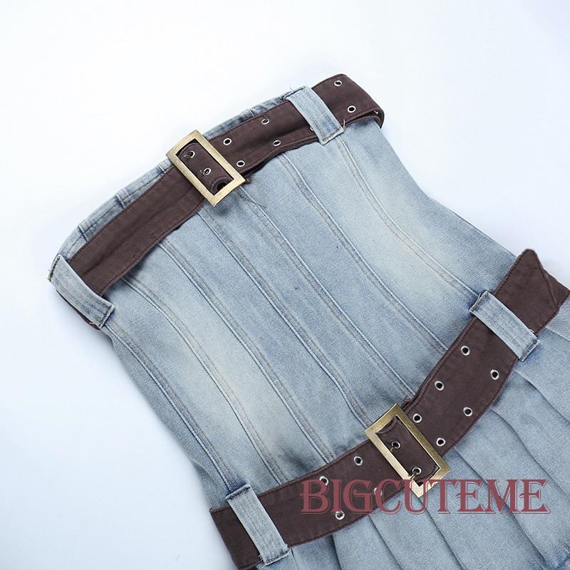 [] - Đầm Ống Denim Không Tay Hở Vai Đi Tiệc Xuân Hè Có Thắt Lưng Bản Rộng Cho Nữ