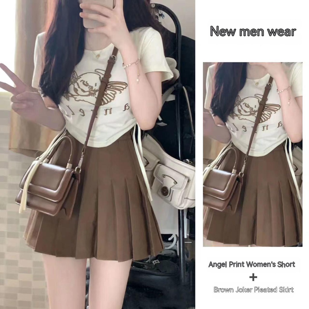 Set Áo Thun Tay Ngắn Phối Dây Rút Và Chân Váy Xếp Ly Phong Cách Mỹ Thời Trang Mùa Hè 2023 Cho Nữ