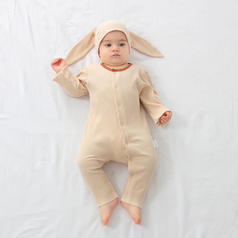 Áo Liền Quần Cotton Tay Dài Màu Trơn Kèm Nón Hình Thỏ Dễ Thương Cho Bé Sơ Sinh