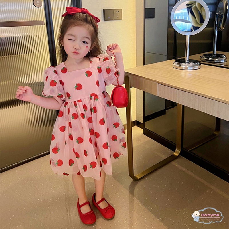 Đầm Công Chúa Dáng Suông Tay Phồng In Họa Tiết Dâu Tây Dễ Thương Phong Cách Hàn Quốc Cho Bé Gái