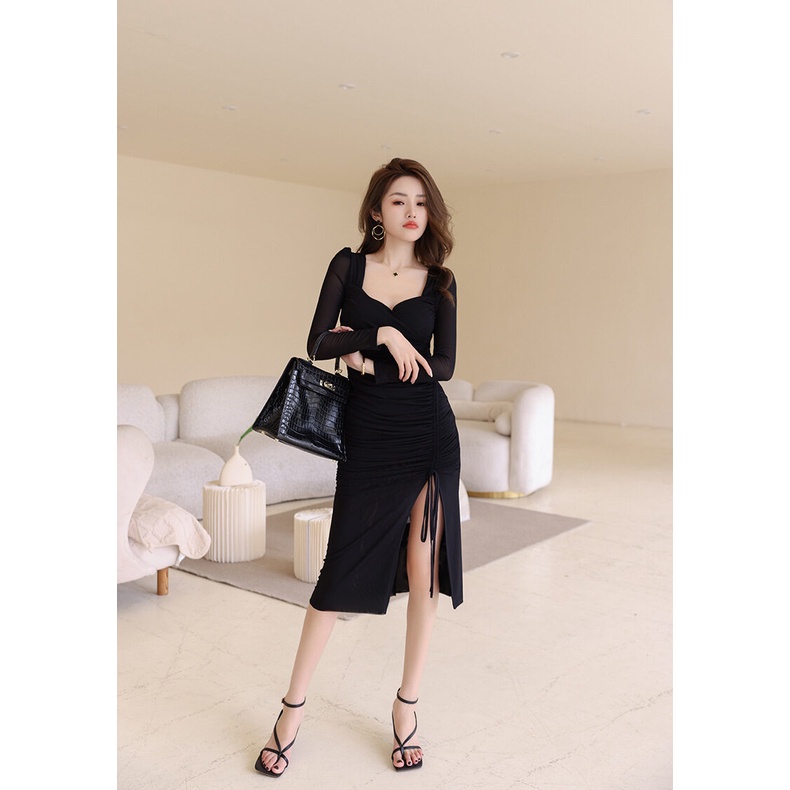 ZYHT Đầm Dài Tay Phối Lưới Thiết Kế Mỏng Quyến Rũ Thời Trang Theo Phong Cách Pháp Cho Nữ 9558