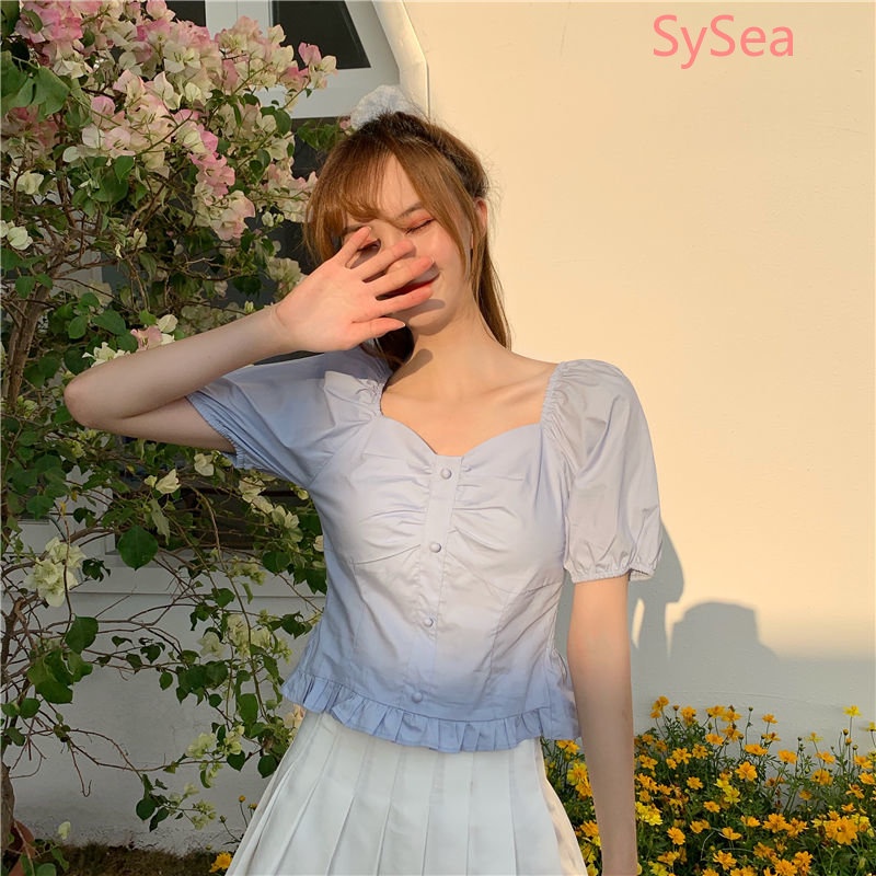 Áo Kiểu Tay Phồng Cổ Vuông Phong Cách Retro Pháp Cho Nữ