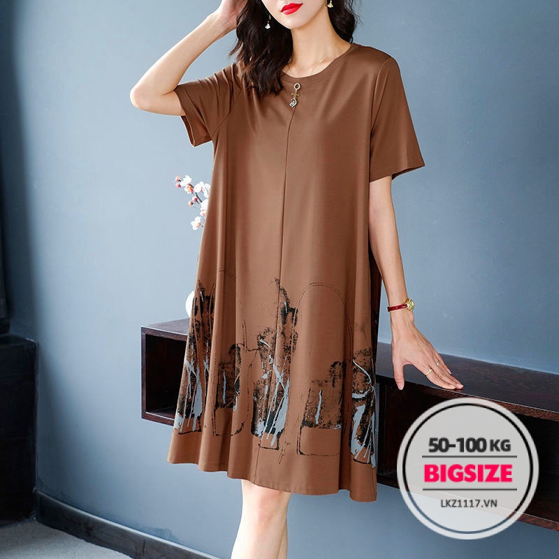 Đầm trung niên Bigsize Váy trung niên cho mẹ Xuông tay ngắn cổ tròn mùa hè Phong cách Hàn Quốc Thời Trang tiểu thư cá tính xinh đẹp cho người mập béo