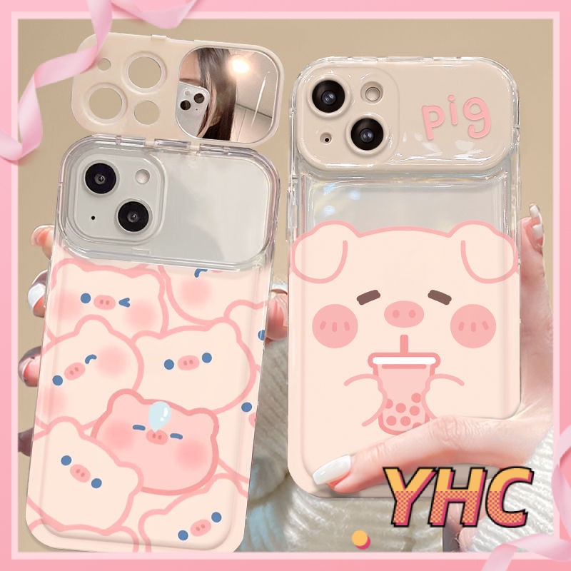 Ốp Lưng iPhone Camera Con lợn nhỏ uống trà sữa, nắp lật, giá đỡ gương, vỏ mềm silica gel chống rơi Cho Iphone 6 / 6S / 6splus / se / 7 / 7plus / 8 / 8plus / X / xs / xsmax / 11 / 12 / 13 / 14 / Plus / pro / pro max-8011