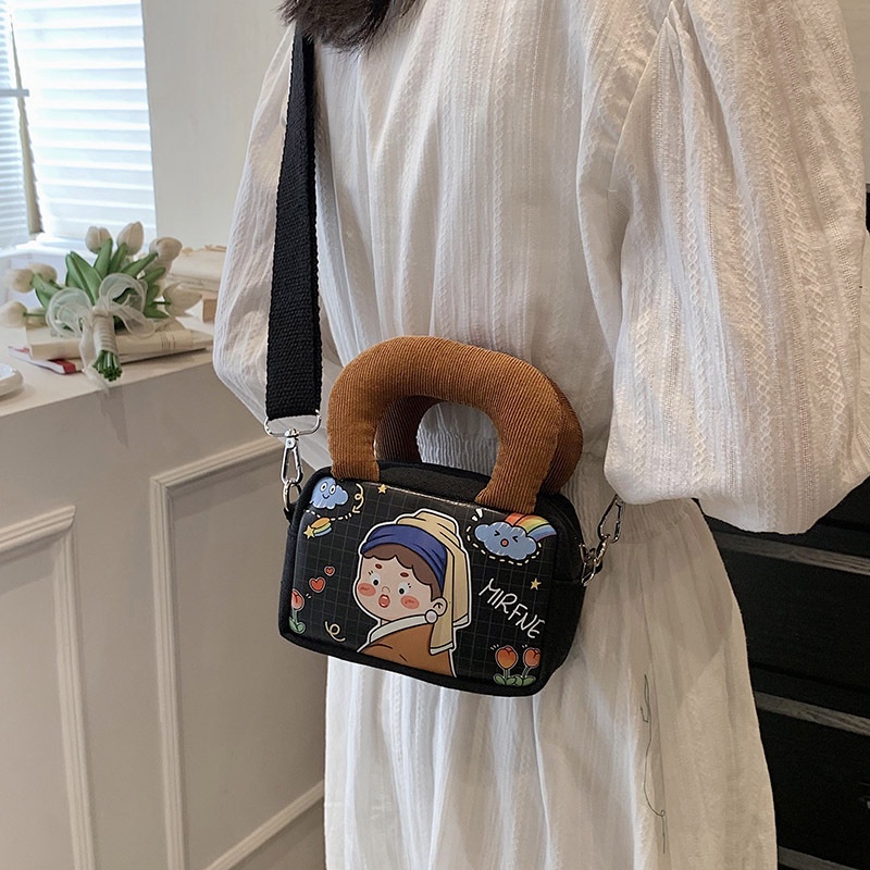 Túi Đeo Chéo Canvas Dáng Vuông Nhỏ Họa Tiết Hoạt Hình Thời Trang Cho Nữ