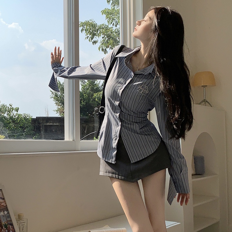 Áo Sơ Mi Tay Dài Kẻ Sọc Thời Trang Quyến Rũ Cho Nữ