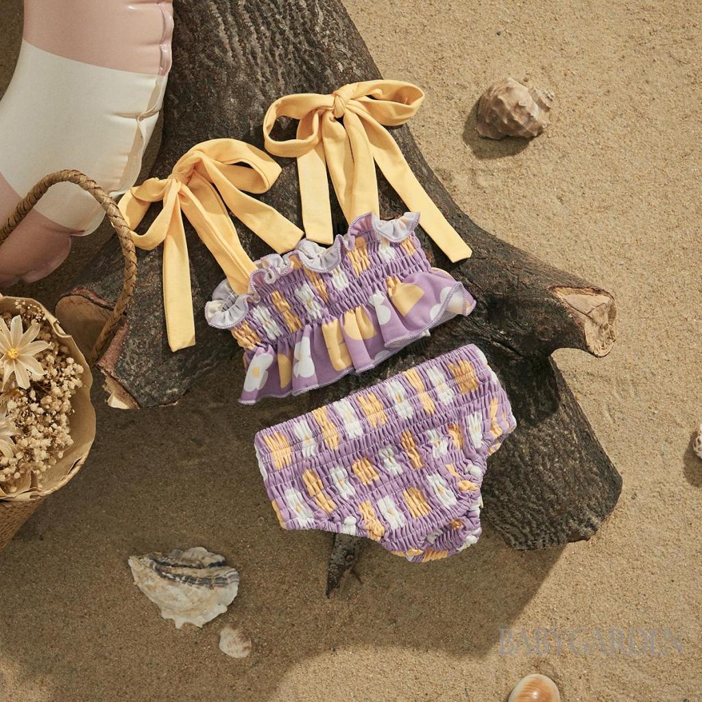 Bộ Đồ Bơi Hai Mảnh Áo Yếm Nhún Bèo + Quần Sooc In Hoa Màu Sắc Tương Phản Thời Trang Cho Bé Gái 6 Tháng-4 Tuổi