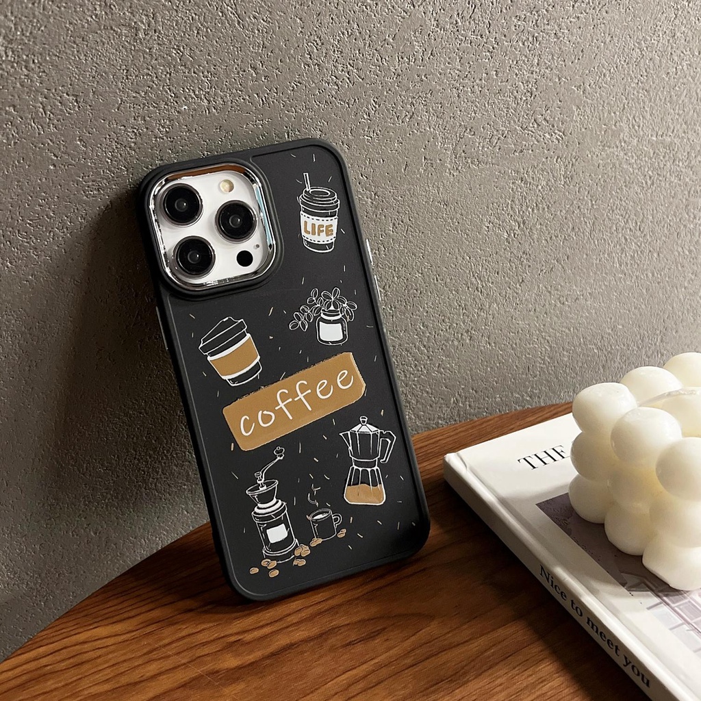Ốp Điện Thoại Silicon TPU Mềm Mạ Điện Họa Tiết Cà Phê Đơn Giản Bảo Vệ Ống Kính Máy Ảnh Cho iphone 14 12 13 11 Pro Max