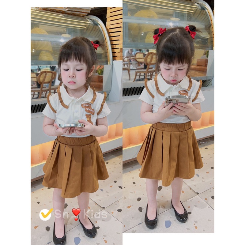 Set chân váy dập ly áo gấu bé gái Jane SnKids 10-30kg