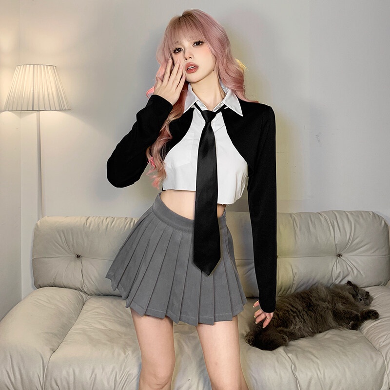 Áo Croptop Tay Dài Cổ Polo Dáng Ôm Thời Trang Ngọt Ngào Cho Nữ Puss Y2K