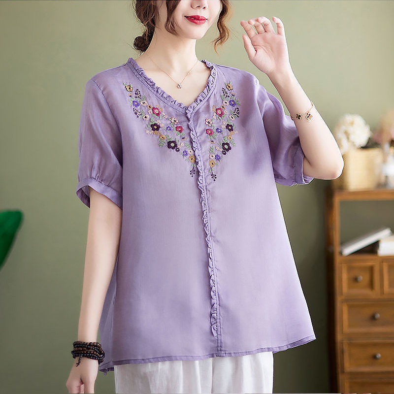 Áo Sơ Mi Vải Lanh cotton Thêu Họa Tiết Phong Cách Trung Hoa Cho Nữ