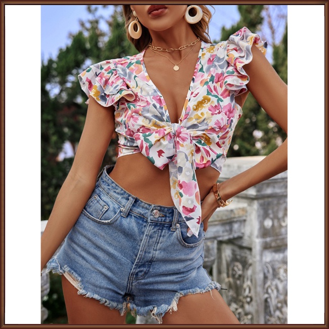 Áo Croptop Chiffon Tay Ngắn Dáng Rộng In Họa Tiết Hoa Đính Nơ Thời Trang Mùa Hè Xinh Xắn Cho Nữ