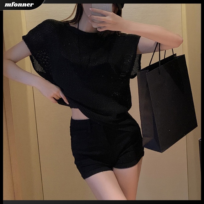 Áo Thun Dệt Kim Tay Ngắn Dáng Rộng Thời Trang Quyến Rũ Cho Nữ