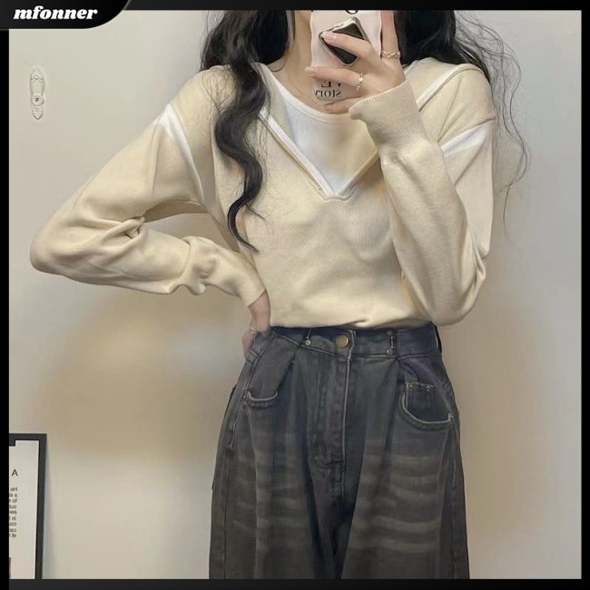 Áo Hoodie Dệt Kim Tay Dài Màu Sắc Tương Phản Thời Trang Cho Nữ