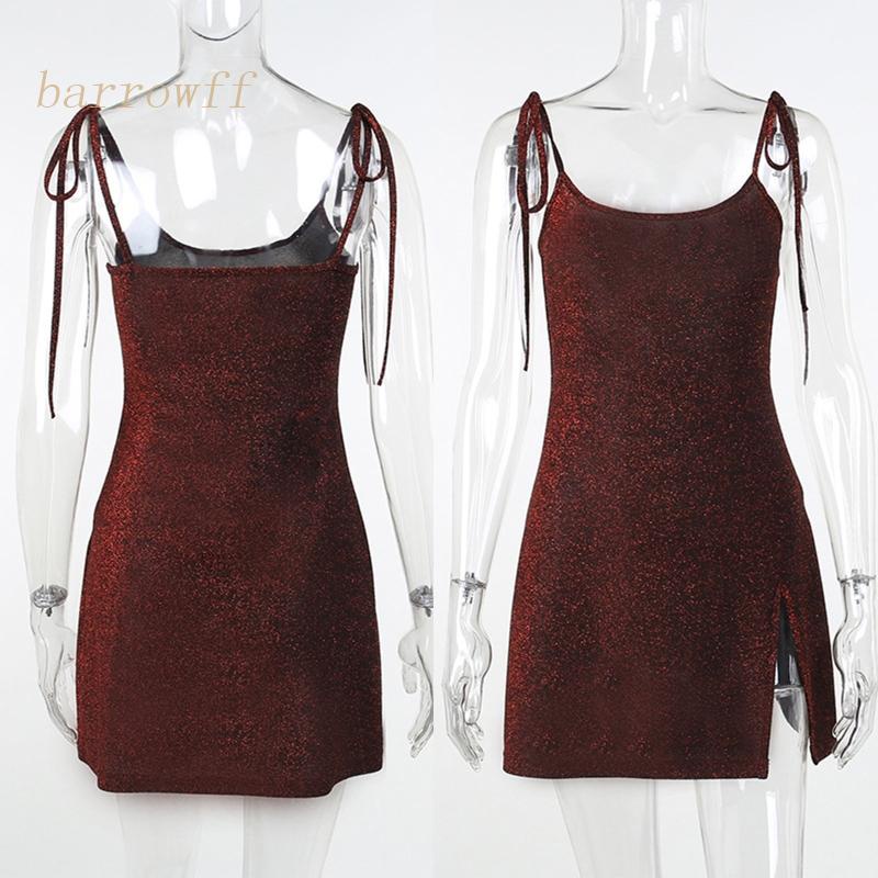 Brroa Đầm Ôm Hai Dây Màu Đỏ Đậm Đính Kim Tuyến Lấp Lánh Xẻ Tà Bên Hông Phong Cách Harajuku Gợi Cảm Cho Nữ