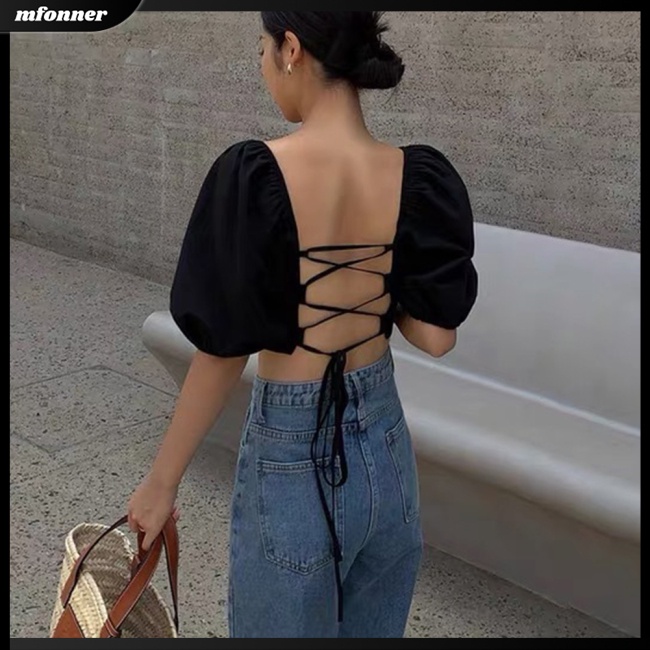 Áo Thun Croptop Cotton Cổ Vuông Tay Phồng Hở Lưng Màu Sắc Đa Dạng Cho Nữ