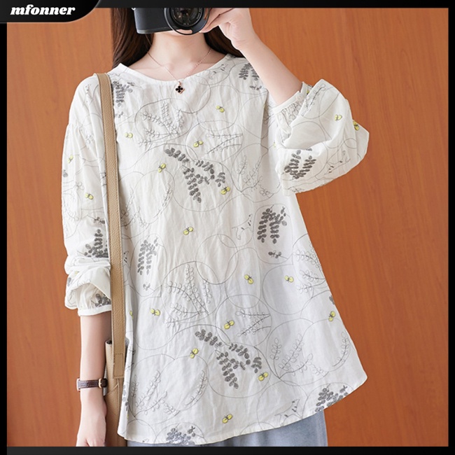 Áo Sơ Mi Cotton Lanh Chui Đầu Cổ Tròn Thêu Họa Tiết Xinh Xắn Thoải Mái Cho Nữ