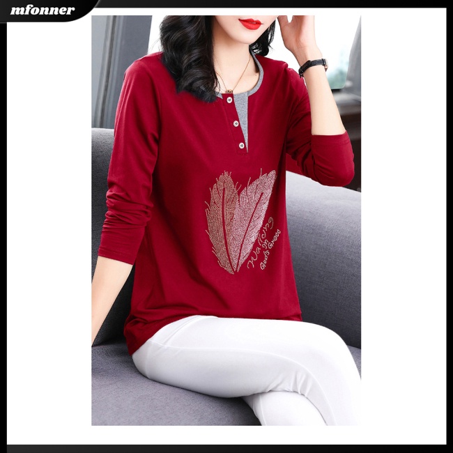 Áo Thun Nữ Tay Dài Cổ Tròn Dáng Rộng Có Nút Trang Trí Màu Sắc Tương Phản