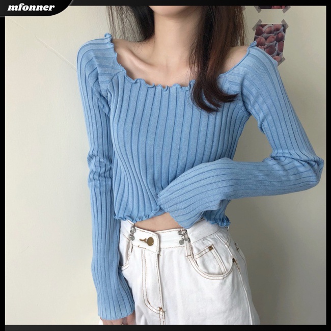 Áo Croptop Dệt Kim Tay Dài Cổ Vuông Màu Sắc Đơn Giản Cho Nữ