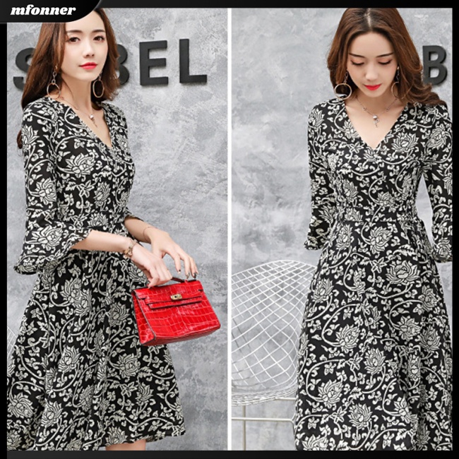 Đầm Tay Loe Cổ Chữ V Ôm Eo In Họa Tiết Hoa Xinh Xắn Thời Trang Cho Nữ