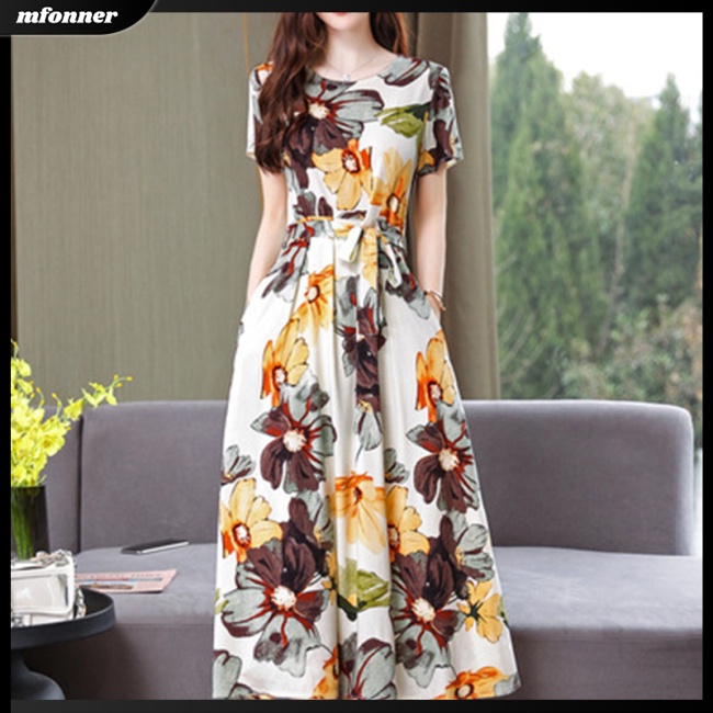 Đầm Dáng Chữ A Tay Ngắn Cổ Tròn Họa Tiết Hoa Nhiều Màu Sắc Thời Trang Cho Nữ