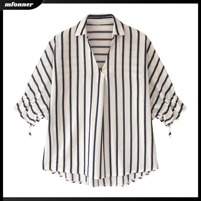 Áo Sơ Mi Chiffon Tay Lửng Dáng Rộng Họa Tiết Kẻ Sọc Thời Trang Mùa Hè Cho Nữ