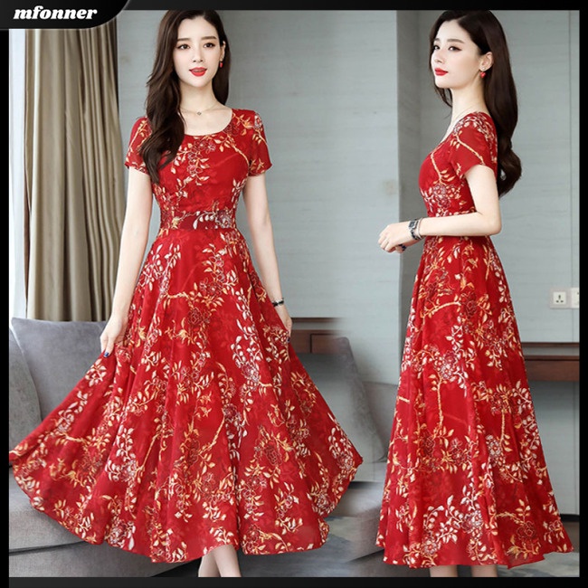 Đầm Dài Dáng Chữ A Tay Ngắn Họa Tiết Hoa Thời Trang Mùa Hè Cho Nữ