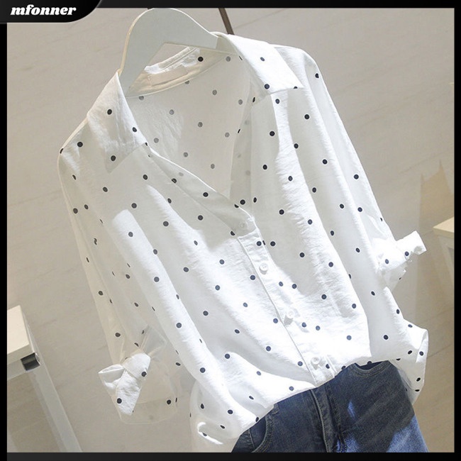 Áo Sơ Mi Nữ Tay Lửng Cổ Chữ V Họa Tiết Chấm Bi Thời Trang