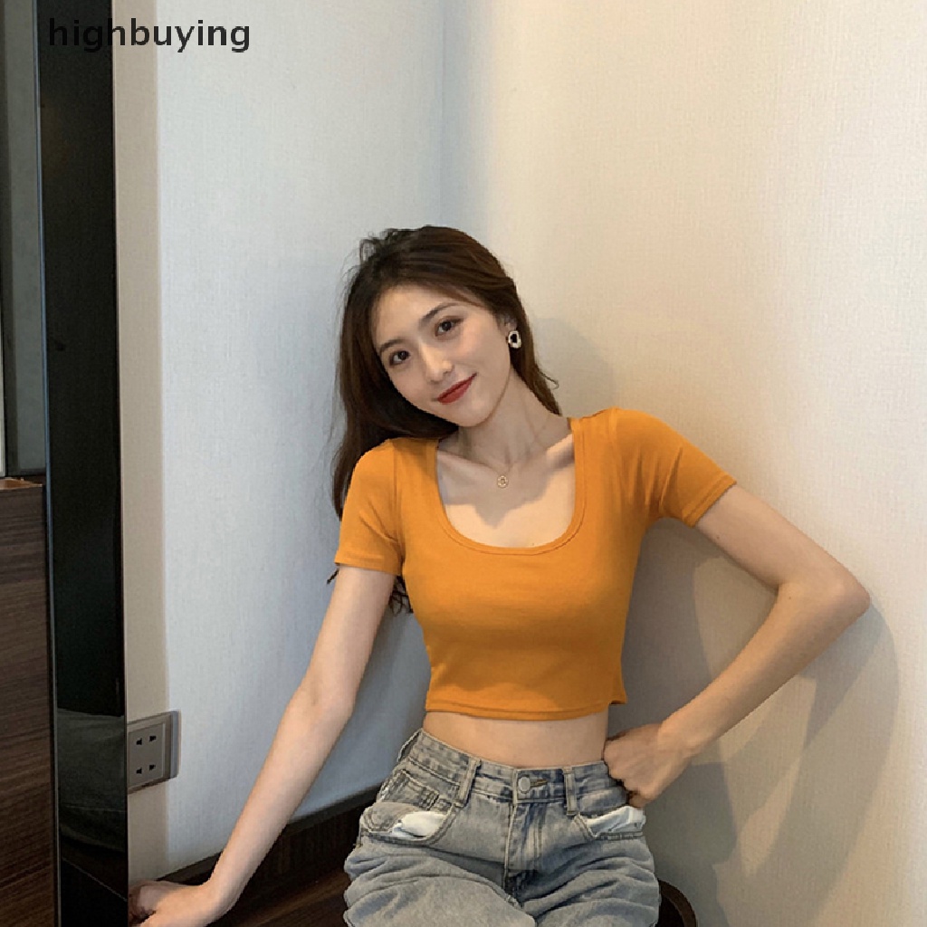 Áo Thun Lửng Cổ Vuông Tay Ngắn Màu Sắc Đơn Giản Cho Nữ