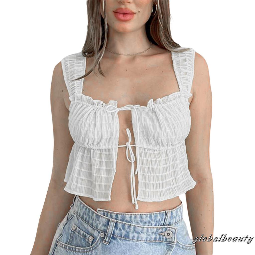 Áo Croptop Không Tay Phối Bèo Nhún Kiểu Dáng Đơn Giản Thời Trang Mùa Hè Cho Nữ