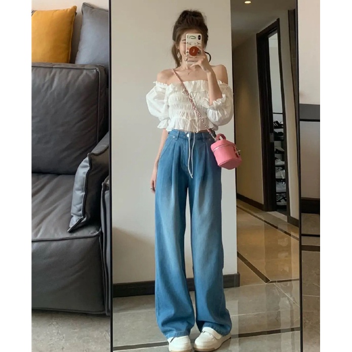 SUXI Áo Kiểu Tay Phồng Trễ Vai Màu Sắc Ngọt Ngào Thời Trang Mùa Hè