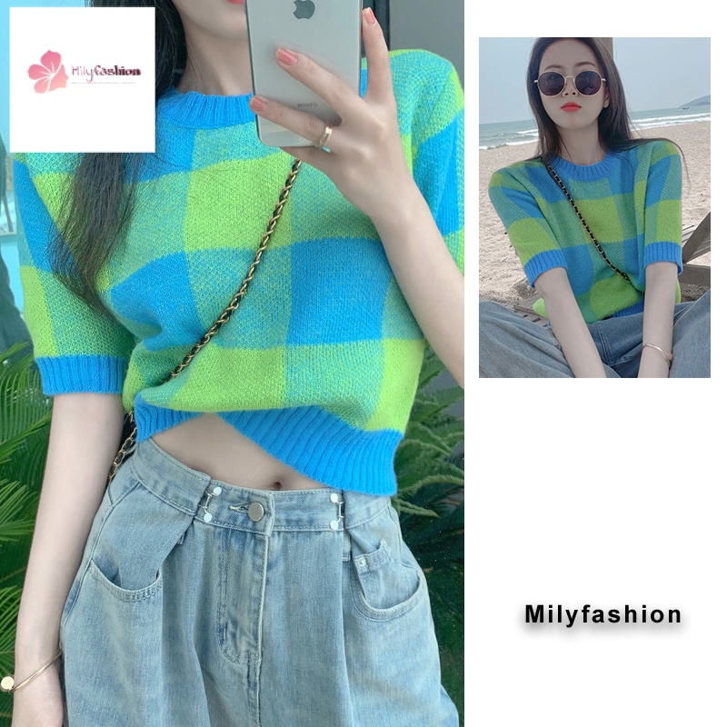 Áo dệt kim tay ngắn thiết kế mới họa tiết sọc caro thời trang