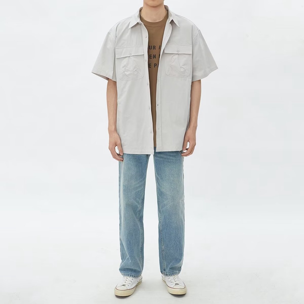 Áo Sơ Mi Ngắn Tay Dáng Rộng Phối Túi Lớn Thời Trang Mùa Hè Nhật Bản Dành Cho Nam