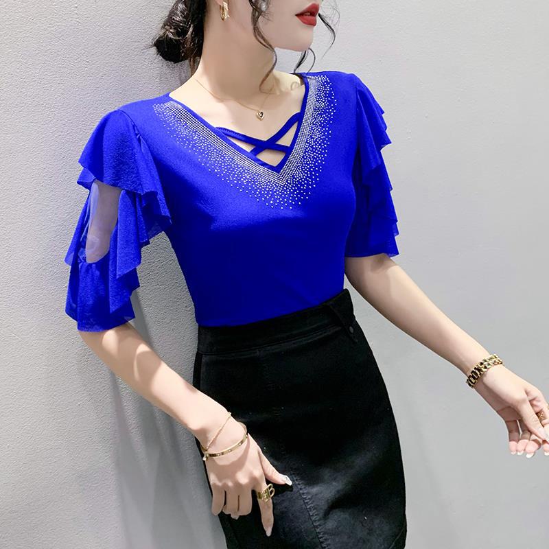 Áo Lưới Hai Lớp Đính Kim Cương Giả Phong Cách Mới Mùa Hè áo kiểu trễ vai áo lưới dài tay