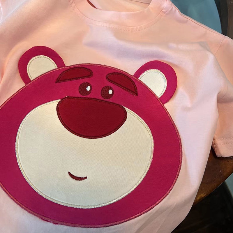 Áo Thun Tay Ngắn Dáng Rộng In Hoạt Hình Gấu Và Dâu Tây Dễ Thương Thời Trang Mùa Hè Cho Bé Gái