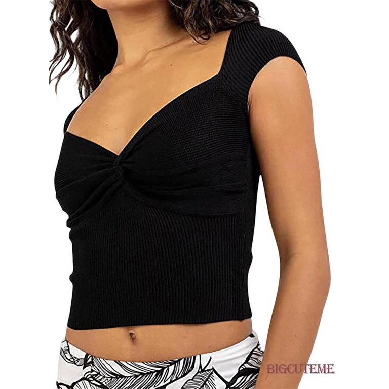 [] Áo Thun Dệt Kim Ngắn Tay Màu Trơn Cổ Xoắn Phía Trước Cho Nữ