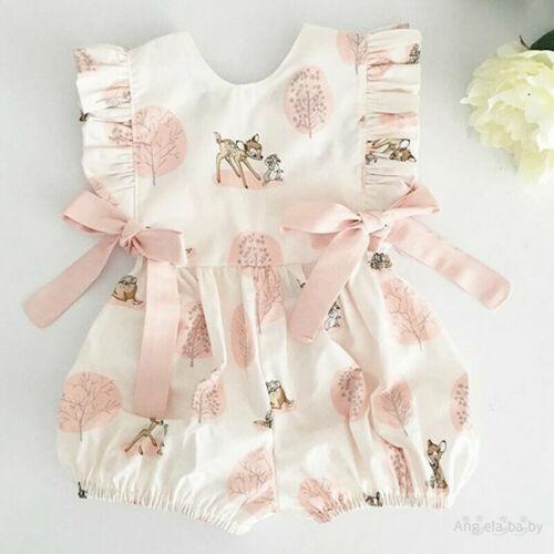 Bộ Áo Liền Quần Tay Bèo Có Khóa Kéo In Hình Hươu Và Cây Lá Dễ Thương Cho Bé 0-24 Tháng Tuổi