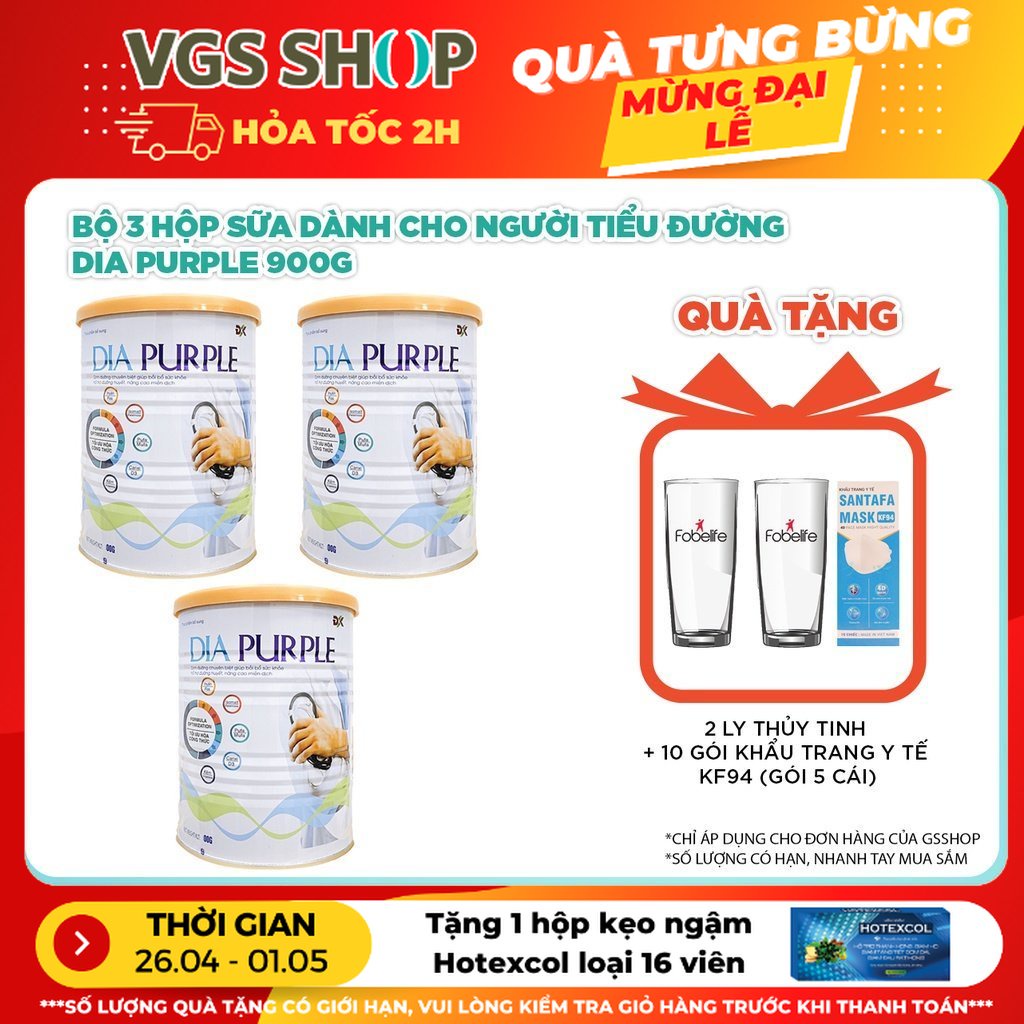 Bộ 3 hộp sữa DIA PURPLE (900gr)| TẶNG: 2 ly thủy tinh + 10 gói khẩu trang y tế KF94 (Gói 5 cái)