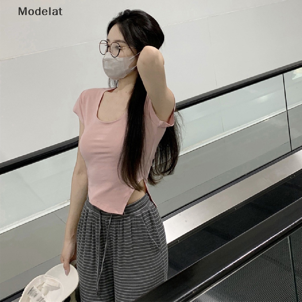 Áo Thun Tay Ngắn Cổ Vuông Màu Trơn Dáng Ôm Thời Trang Mùa Hè Cho Nữ