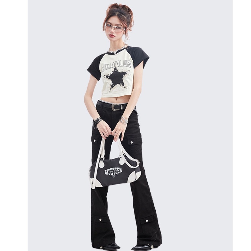 Áo Thun Tay Ngắn Thêu  RENJIANVSHENG Chữ Phong Cách Retro Mỹ