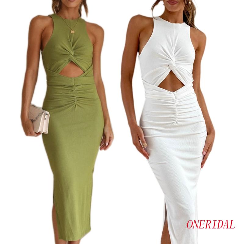 Đầm Dáng Dài Cổ Tròn Phối Bèo Và Thắt Nút Thời Trang Quyến Rũ Cho Nữ