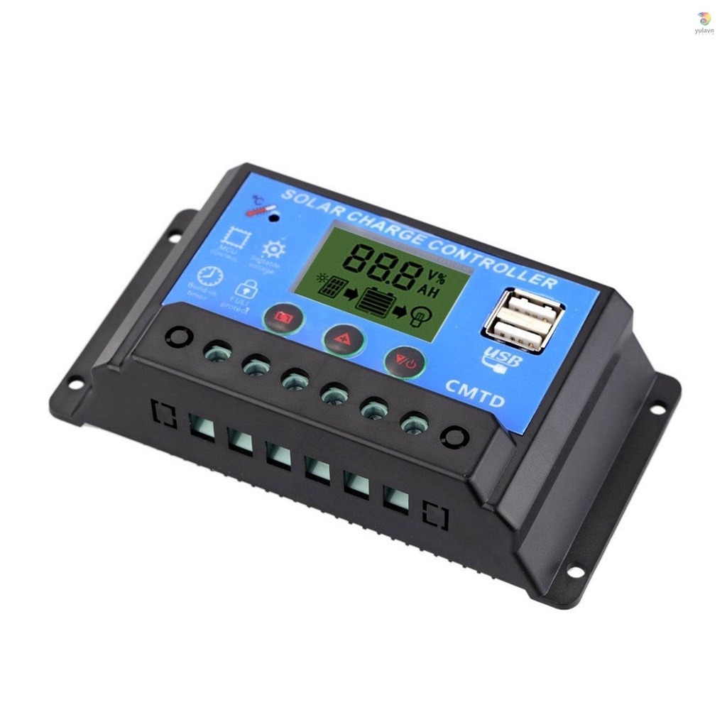 Bộ Điều Khiển Sạc Năng Lượng Mặt Trời Hai Cổng USB 20A 12 / 24V Màn Hình LCD