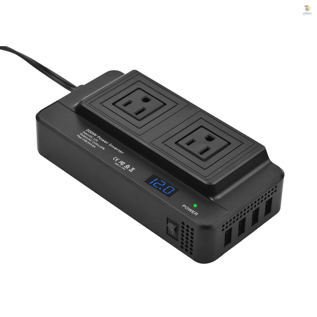 Bộ Chuyển Đổi Nguồn Điện 200W DC 12V Sang AC 110V Với 2 Ổ Cắm AC 4 Cổng USB Có Màn Hình Kỹ Thuật Số Dành Cho Xe Hơi / Laptop