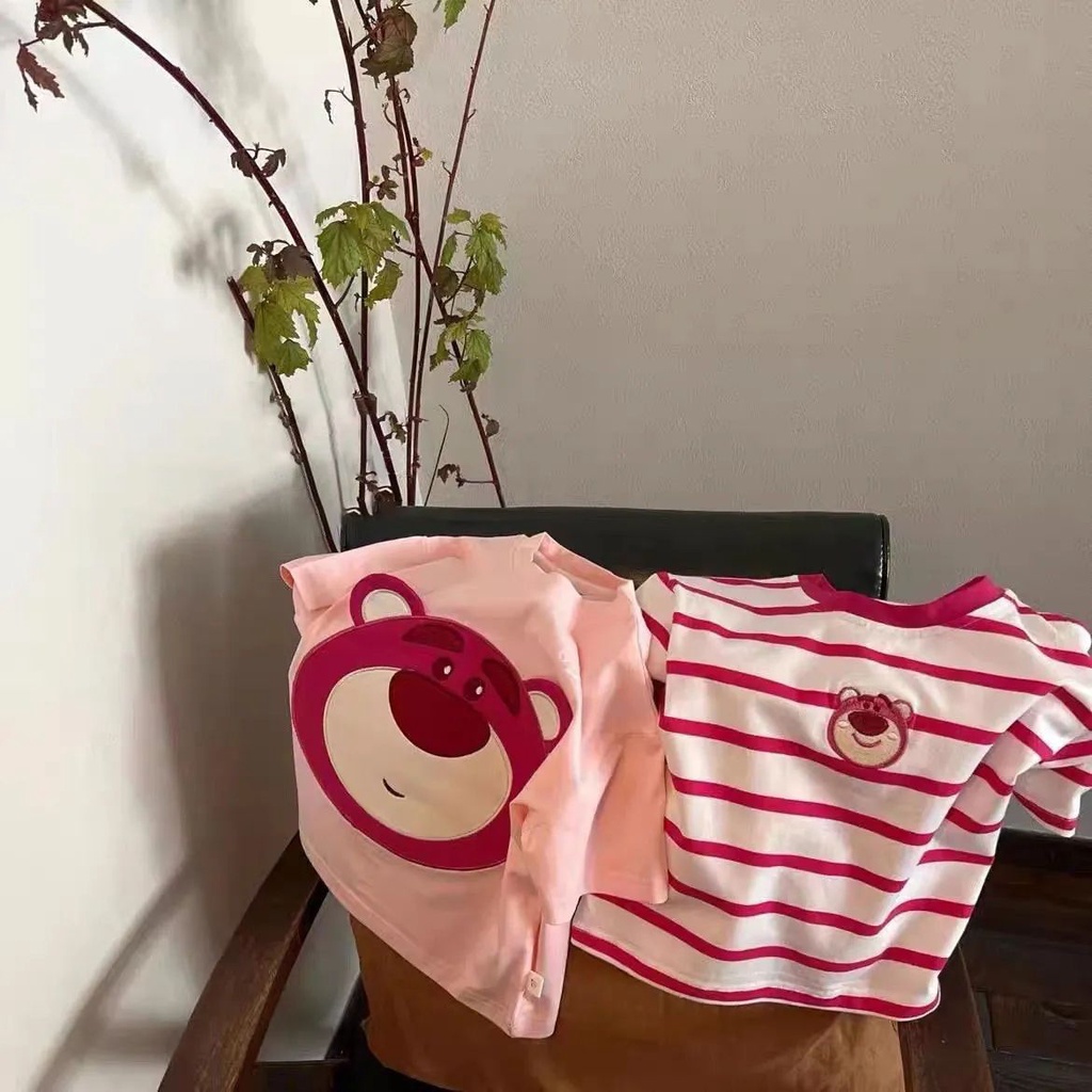 Áo Thun Tay Ngắn Dáng Rộng In Hoạt Hình Gấu Và Dâu Tây Dễ Thương Thời Trang Mùa Hè Cho Bé Gái