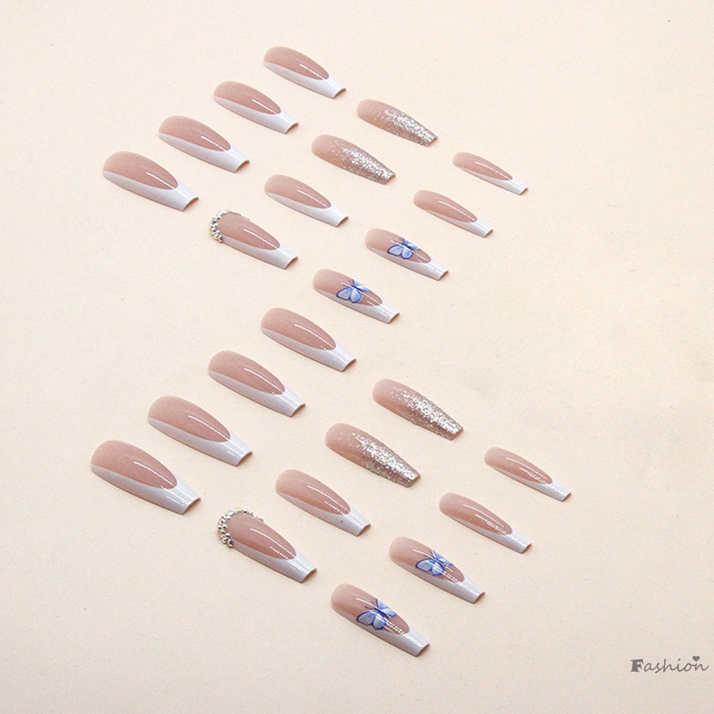 Bộ Móng Tay Giả Hình Bướm Màu Trắng / Xanh Kèm Keo Dán