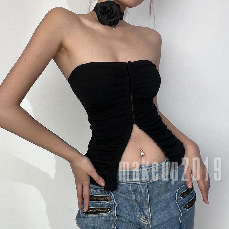 Mu-áo Ống Không Dây Khóa Giữa Có Vòng Cổ Hoa Cho Nữ