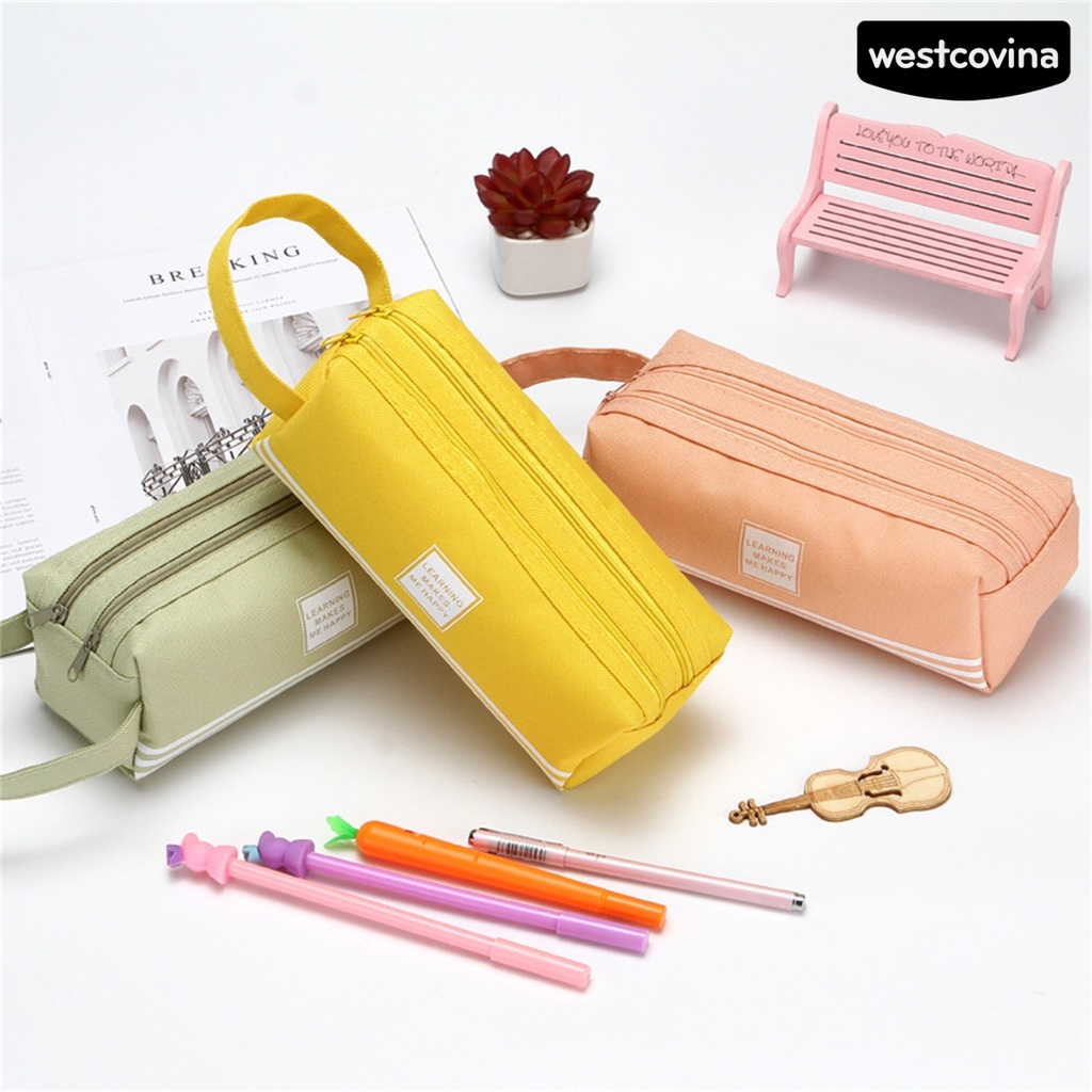 [COD]♪Túi Đựng Bút Chì Hai Lớp Màu Trơn Họa Tiết Sọc In Chữ Hai Lớp Sức Chứa Lớn