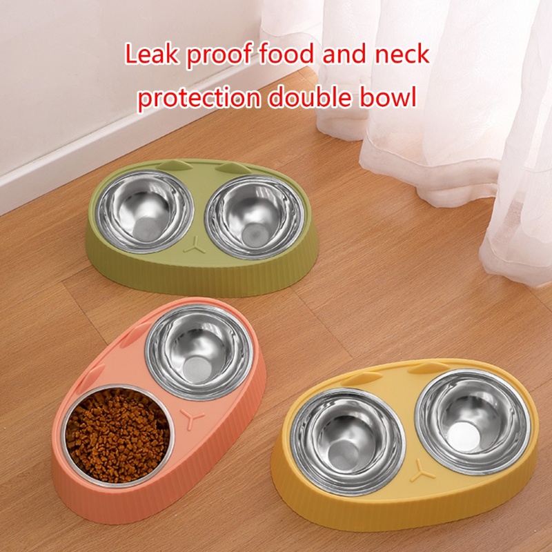 Bộ Bát Ăn Uống Hai Ngăn Bằng Thép Không Gỉ Kèm Giá Đỡ Cho Chó