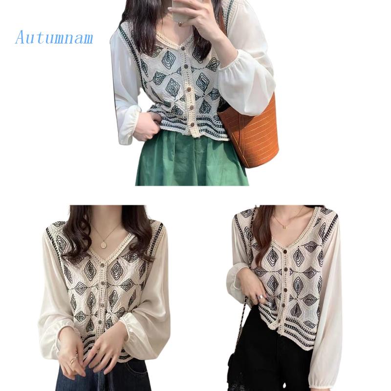 Áo Sơ Mi Chiffon Tay Dài Dáng Rộng Cổ Chữ V Phối Nút Thời Trang Cho Nữ